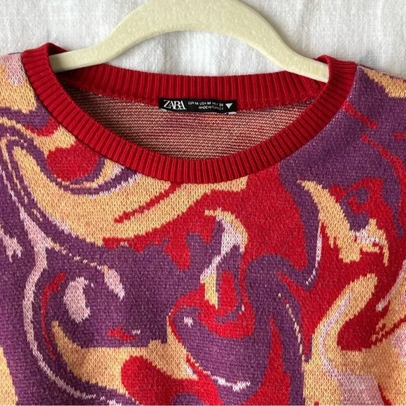 Zara Women's Jacquard knit sweater geo print Sz Medium Cropped - Picture 5 of 7